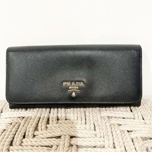 Prada Black Saffiano Leather Flap Continental Snap Gold Hardware Wallet